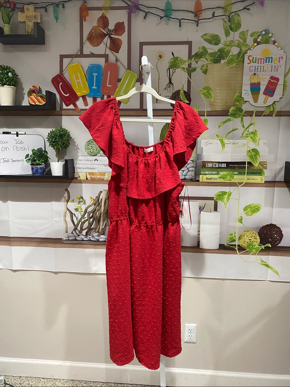 89th & Madison Red Off-Shoulder Ruffle dress. Ptp is 25.